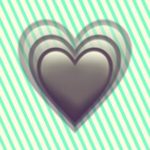 A duotoned dark purple and beige version of the Apple growing heart emoji, in front of a neon green striped background