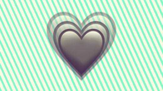 A duotoned dark purple and beige version of the Apple growing heart emoji, in front of a neon green striped background