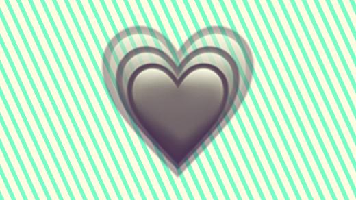 A duotoned dark purple and beige version of the Apple growing heart emoji, in front of a neon green striped background