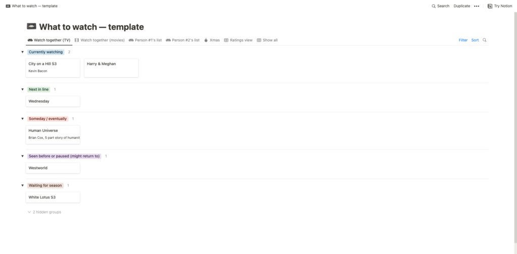 Screenshot of a Notion page called what to watch with categories for currently watching, next in line, someday eventually, seen before, and waiting for season, with show titles under each