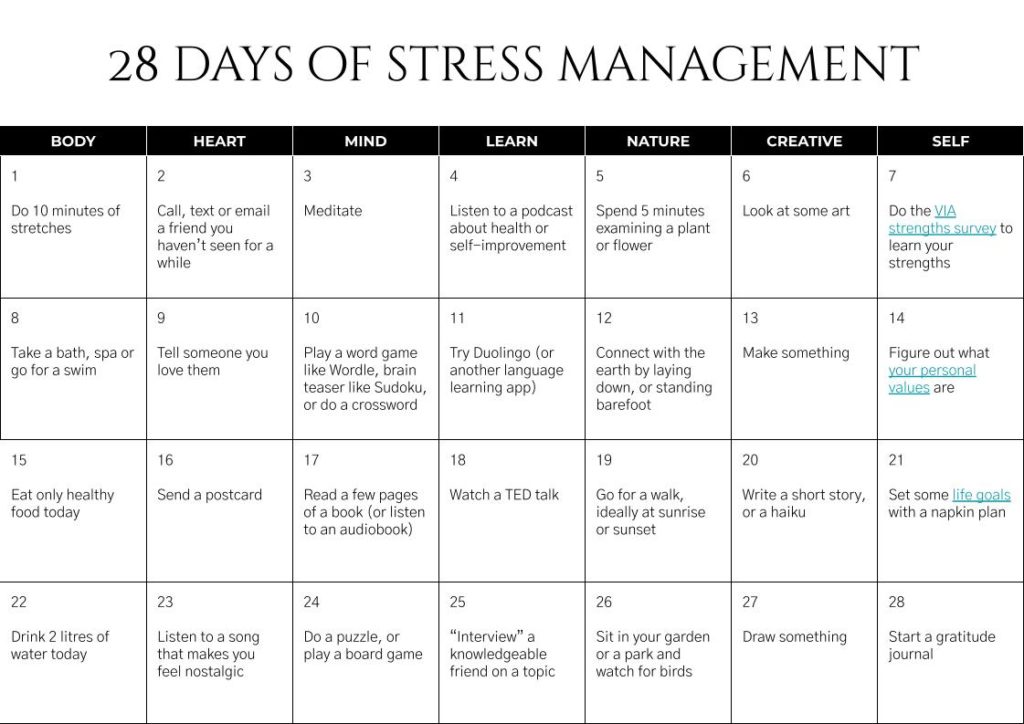 A calendar style page with a different stress management tip in each of the 28 boxes