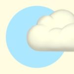 A duotoned dark purple and beige version of the Apple cloud emoji, in front of a light blue circle background