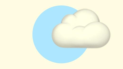 A duotoned dark purple and beige version of the Apple cloud emoji, in front of a light blue circle background