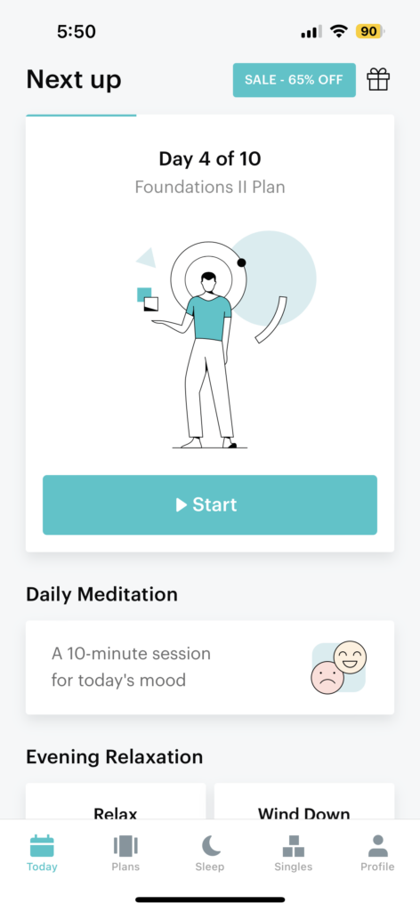 Balance app screenshot showing the next suggested meditation