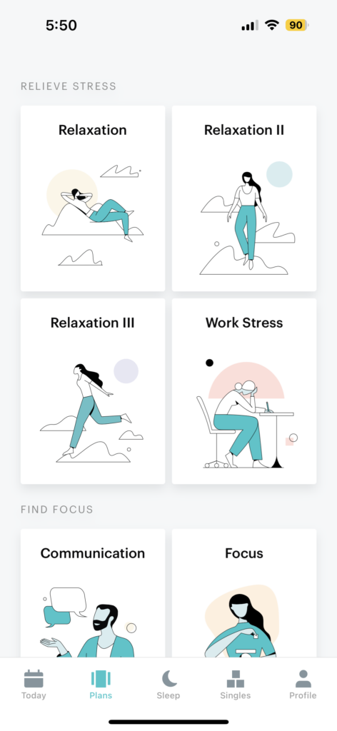 Balance app screenshot showing suggested meditation plans to relieve stress or find focus