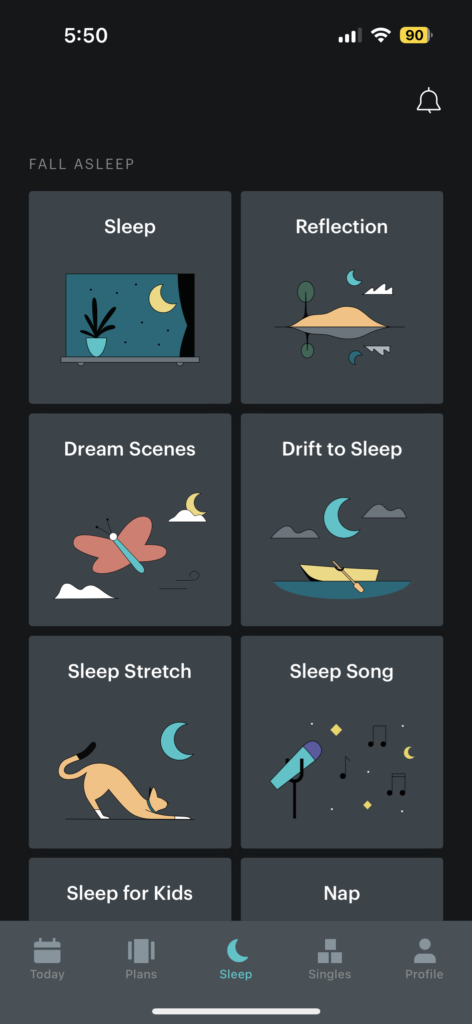 Balance app screenshot showing the suggested sleep meditations