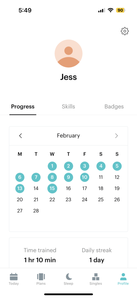 Balance app screenshot showing the personal profile with a calendar marking which days you meditated