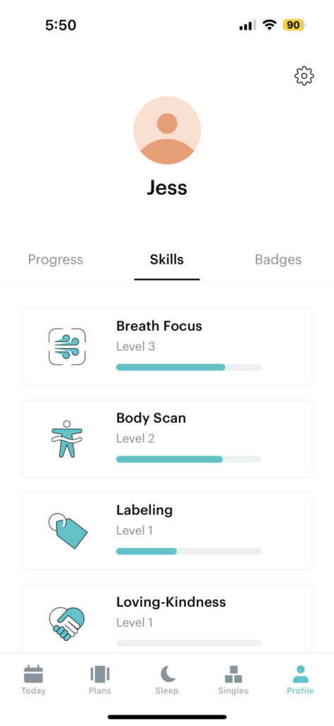 Balance app screenshot showing the personal profile with which meditation skills you're working on