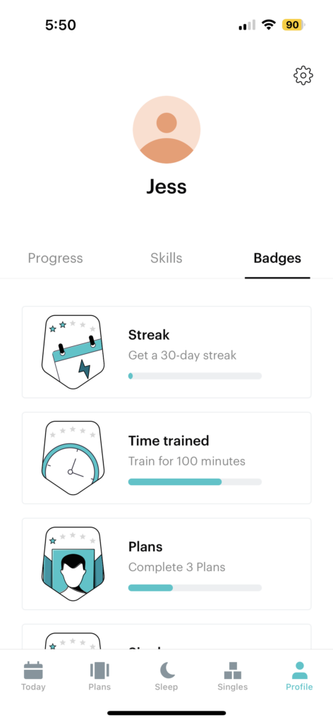 Balance app screenshot showing the personal profile with which badges you've attained