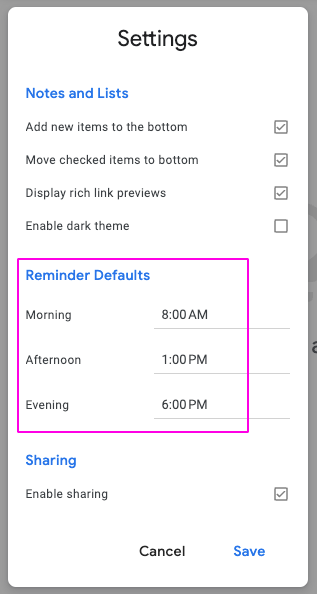 Google Keep snooze options showing 8am, 1pm and 6pm as the reminder defaults