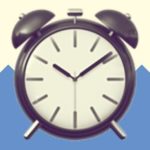 A duotoned dark purple and beige version of the Apple alarm clock emoji, in front of a blue zig zag shape across the bottom of the image