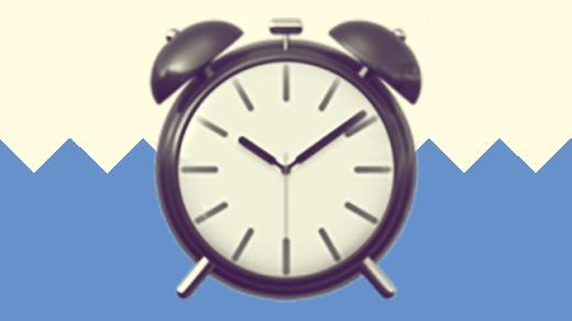 A duotoned dark purple and beige version of the Apple alarm clock emoji, in front of a blue zig zag shape across the bottom of the image