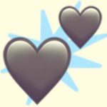 A duotoned dark purple and beige version of the Apple two hearts emoji, in front of a light blue starburst shape