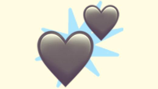 A duotoned dark purple and beige version of the Apple two hearts emoji, in front of a light blue starburst shape