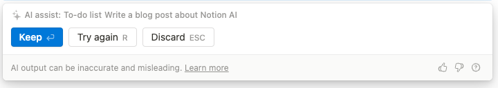 Notion AI assist choice module with keep, try again or discard