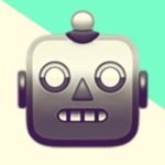 A duotoned dark purple and beige version of the Apple robot emoji, in front of a neon green triangle across the top right corner