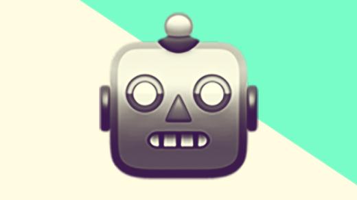 A duotoned dark purple and beige version of the Apple robot emoji, in front of a neon green triangle across the top right corner