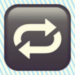 A duotoned dark purple and beige version of the Apple repeat arrows emoji, in front of a light blue striped background