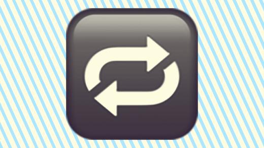 A duotoned dark purple and beige version of the Apple repeat arrows emoji, in front of a light blue striped background