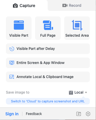 The Awesome Screenshot app options screen