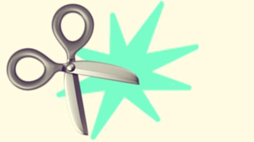 A duotoned dark purple and beige version of the Apple scissors emoji, in front of a green neon starburst shape