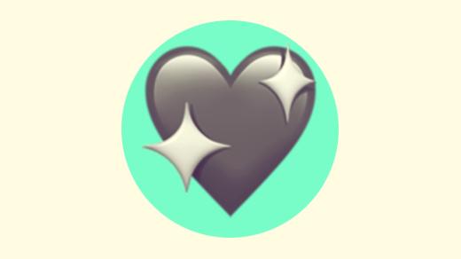 A duotoned dark purple and beige version of the Apple sparkling heart emoji, in front of a neon green circle background