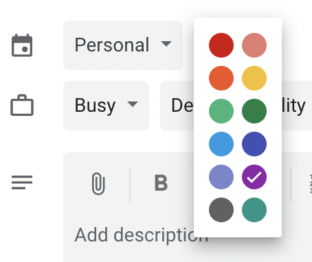 Screenshot of the Google Calendar colour label functionality.