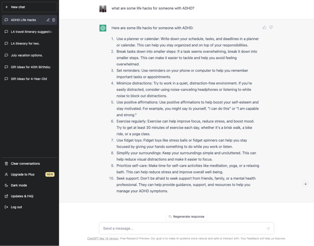 ChatGPT prompt "what are some life hacks for someone with ADHD?" and its response