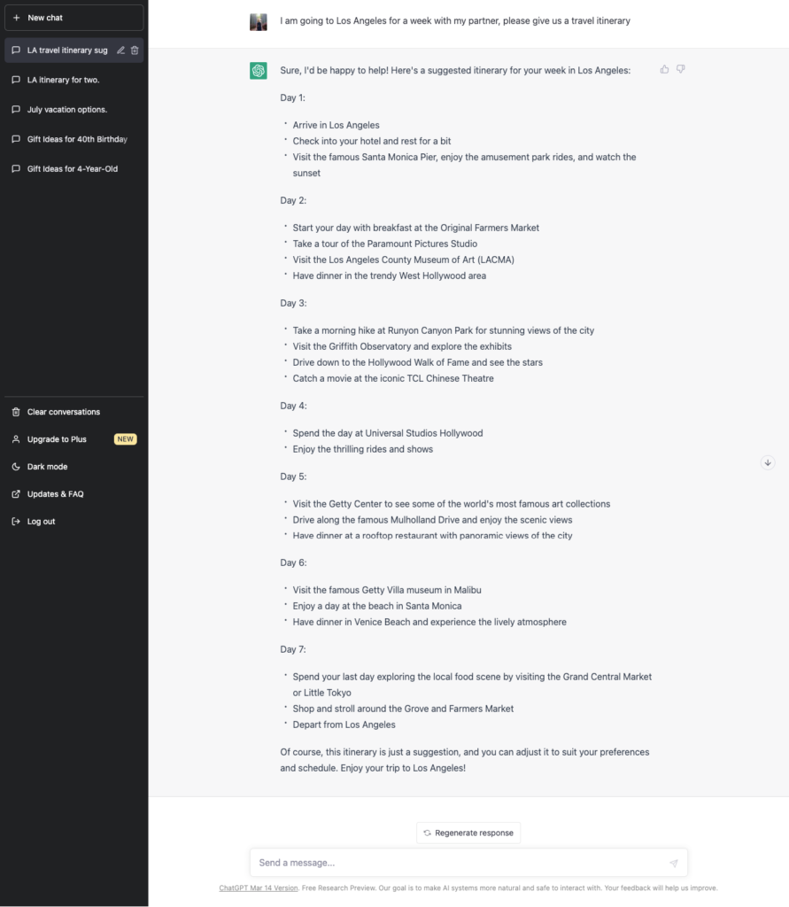 ChatGPT prompt "I am going to Los Angeles for a week with my partner, please give us a travel itinerary" and its response
