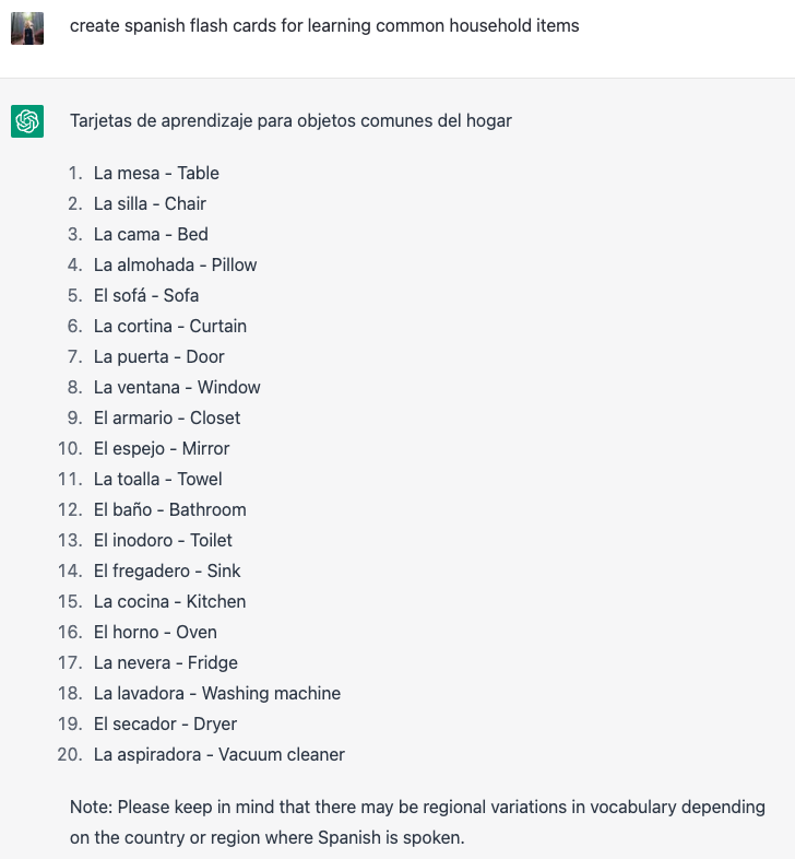 ChatGPT prompt "create spanish flash cards for learning common household items" and its response