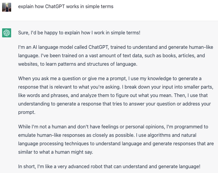ChatGPT prompt "explain how ChatGPT works in simple terms" and its response