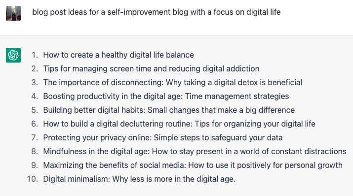 ChatGPT prompt "blog post ideas for a self-improvement blog with a focus on digital life" and its response