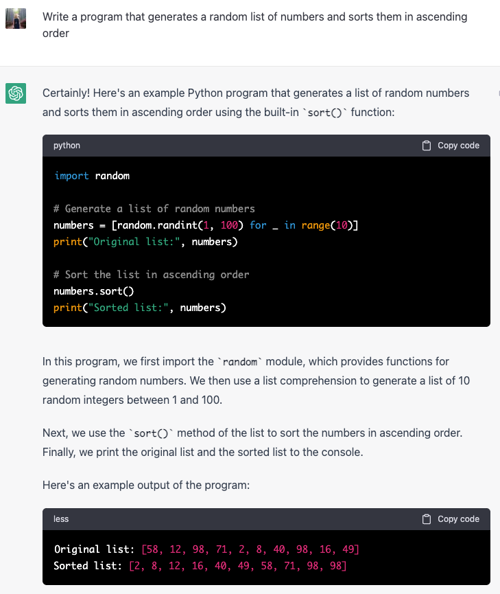 ChatGPT prompt "write a program that generates a random list of numbers and sorts them in ascending order" and its response