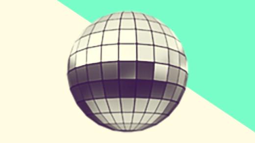 A duotoned dark purple and beige version of the Apple disco ball emoji, in front of a green triangle across the top right corner