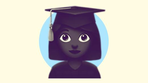 A duotoned dark purple and beige version of the Apple student emoji, in front of a blue circle