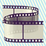 A duotoned dark purple and beige version of the Apple film strip emoji, in front of a light blue horizontal striped background