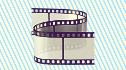 A duotoned dark purple and beige version of the Apple film strip emoji, in front of a light blue horizontal striped background