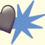 A duotoned dark purple and beige version of the Apple heart emoji, in front of a blue starburst shape