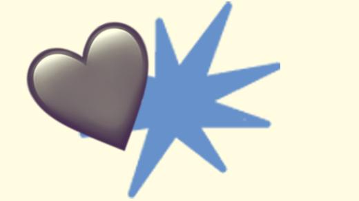 A duotoned dark purple and beige version of the Apple heart emoji, in front of a blue starburst shape