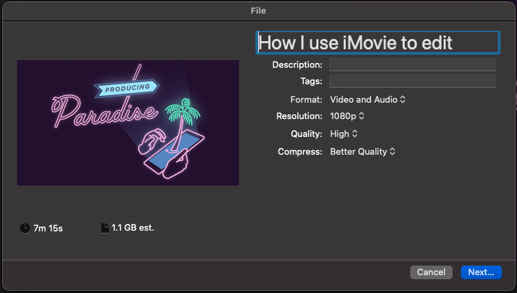 iMovie video export settings