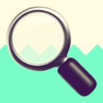 A duotoned dark purple and beige version of the Apple magnifying glass emoji, in front of a green zig zag shape across the bottom of the image