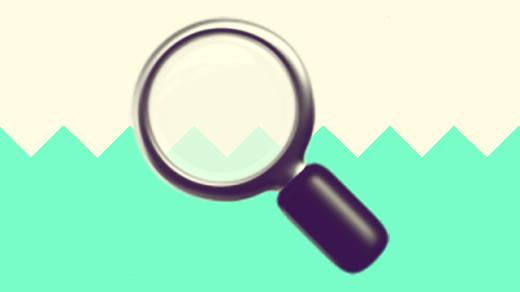 A duotoned dark purple and beige version of the Apple magnifying glass emoji, in front of a green zig zag shape across the bottom of the image