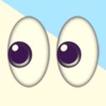 A duotoned dark purple and beige version of the Apple eyes emoji, in front of a blue triangle across the top right corner