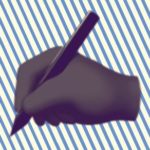 A duotoned dark purple and beige version of the Apple writing hand emoji, in front of a blue horizontal striped background