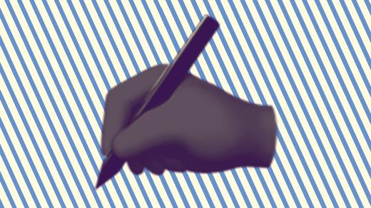 A duotoned dark purple and beige version of the Apple writing hand emoji, in front of a blue horizontal striped background