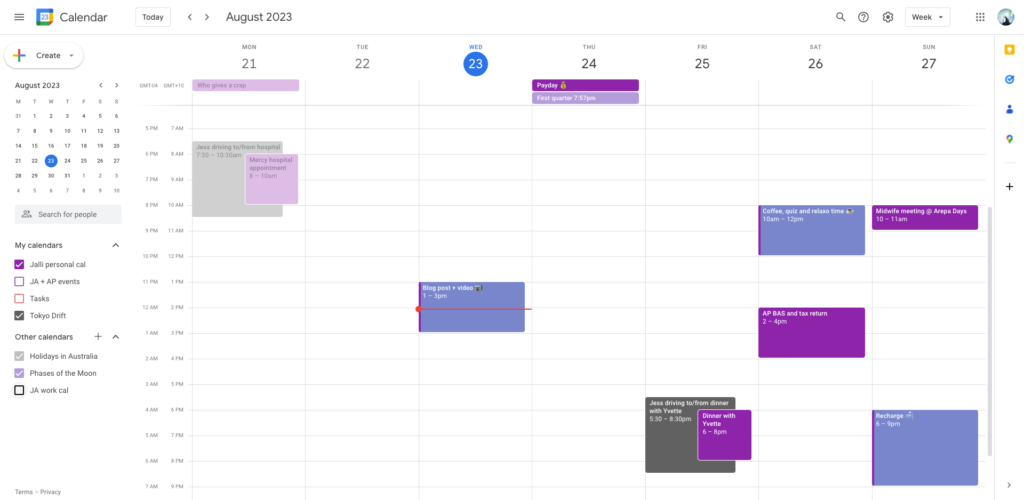 Screenshot of a Google Calendar showing blue events for solo tasks and purple events for meetings