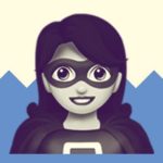 A duotoned dark purple and beige version of the Apple woman superhero emoji, in front of a blue zig zag shape across the bottom of the image