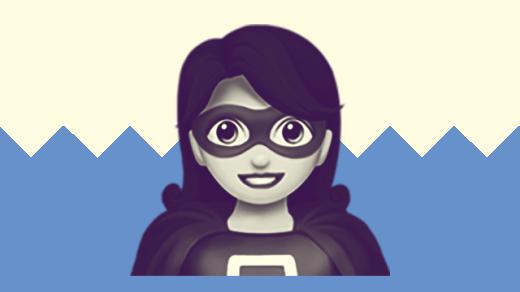 A duotoned dark purple and beige version of the Apple woman superhero emoji, in front of a blue zig zag shape across the bottom of the image