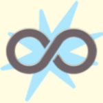 A duotoned dark purple and beige version of the Apple infinity emoji, in front of a light blue starburst shape