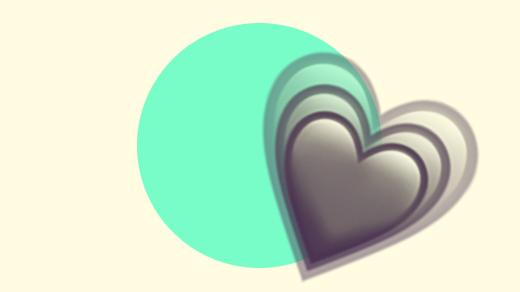 A duotoned dark purple and beige version of the Apple growing heart emoji, in front of a neon green circle background
